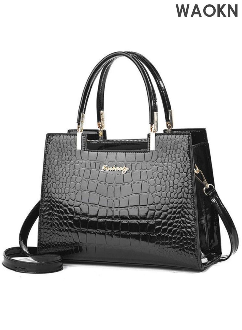 Women handbags Purse Shiny Patent , Leather Crocodile Pattern Top Handle Handbag , Satchel Bags , Zipper Medium Tote Bag , suitable for shopping, commuting to work, and going to school , unisex , black . - Image 1